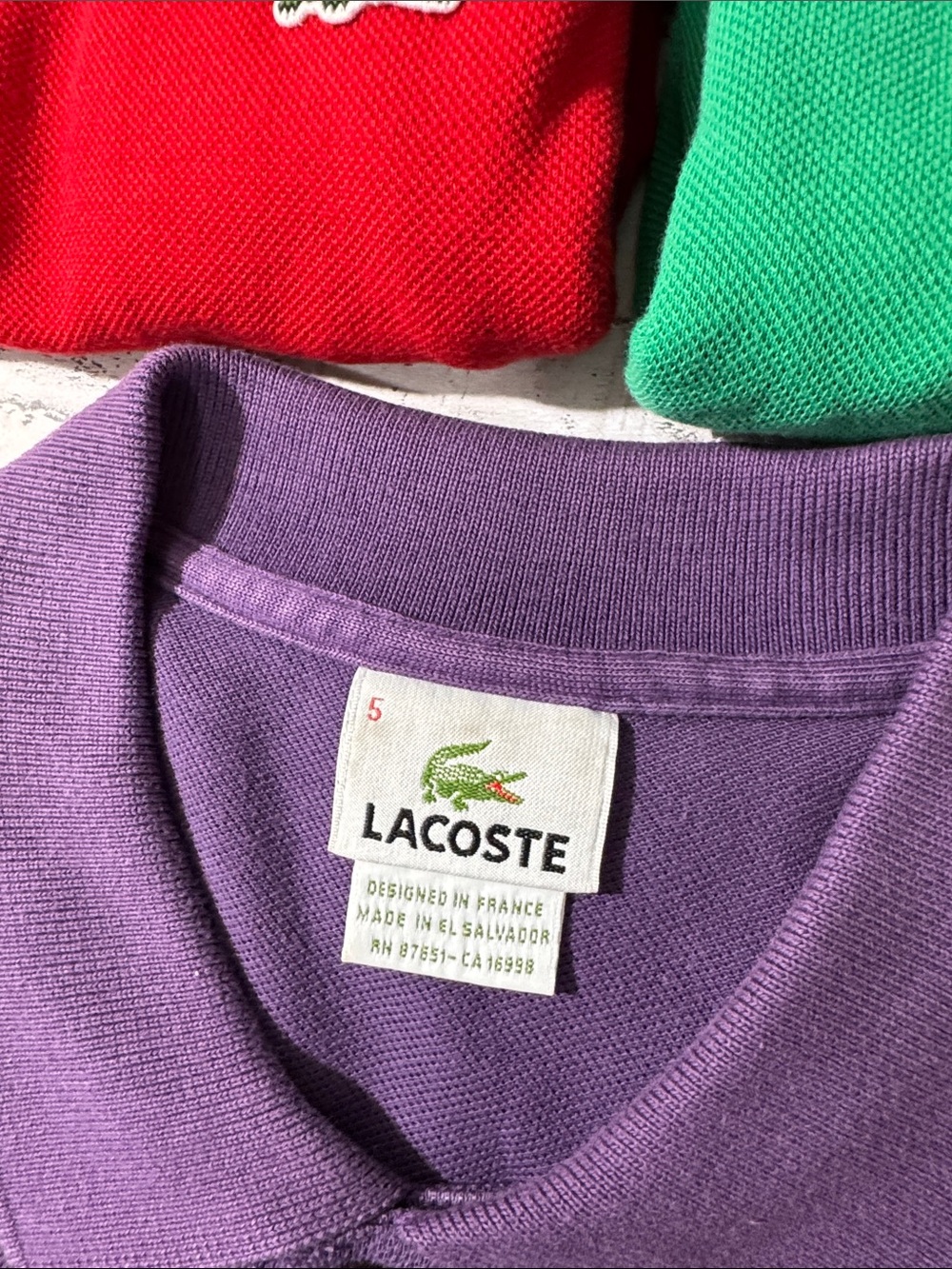 (Lot of 3) Lacoste mens 5 L Large red purple green classic polo shirt bundle EUC - Picture 7 of 10